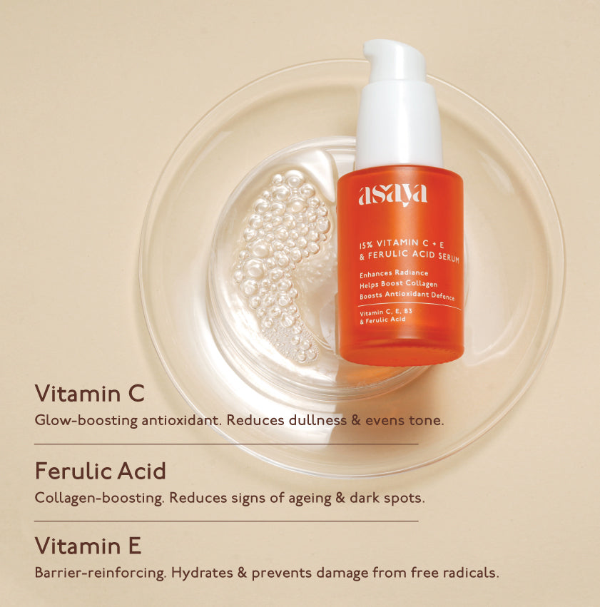 Ingredients in Asaya's glow & collagen boosting serum are Vitamin C, Ferulic acid and Vitamin E