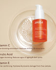 Ingredients in Asaya's glow & collagen boosting serum are Vitamin C, Ferulic acid and Vitamin E