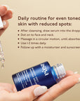 Use Asaya spot reduction serum on face and neck twice daily for even toned skin, reduced spots and depigmentation