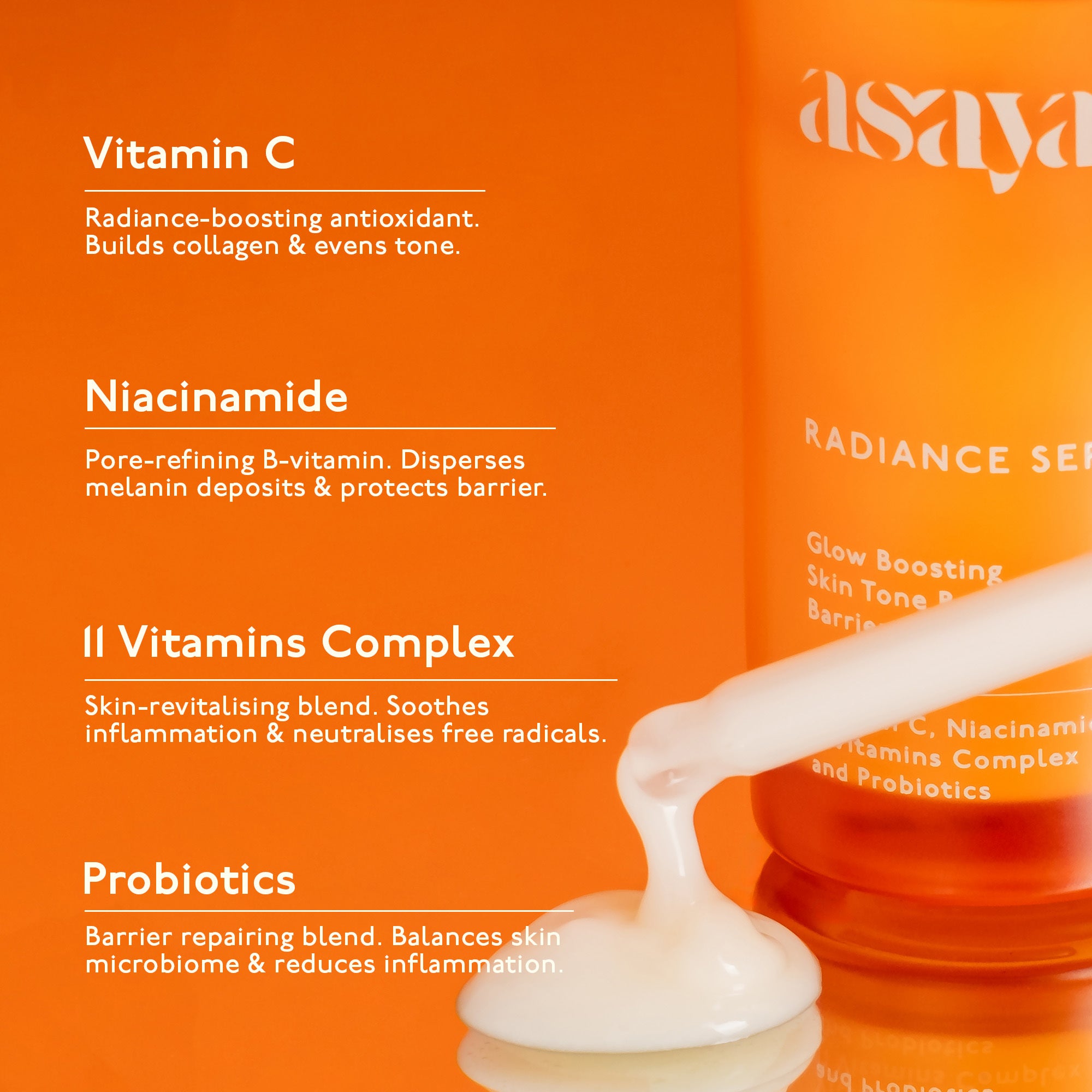 Lightweight, non-greasy radiance serum for men & women with dry, oily, sensitive, acne prone skin with Vitamin C, probiotics, niacinamide.