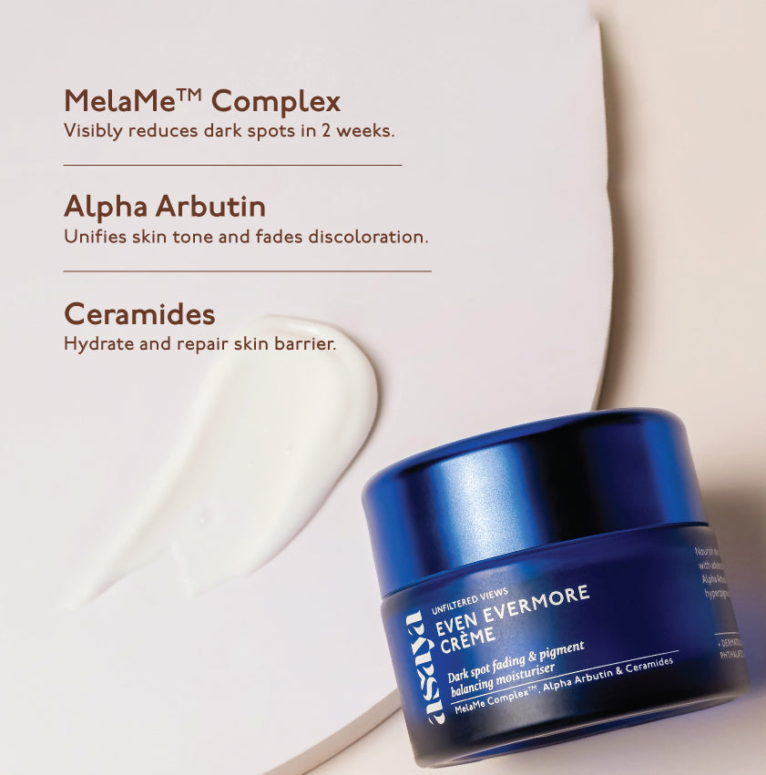 Asaya moisturiser with MelaMe complex, Alpha Arbutin, Ceramides for hydrated, glowing, clear skin.