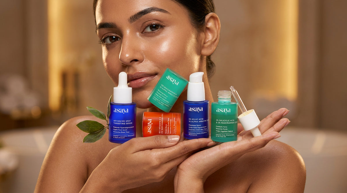 A close-up beauty portrait of a indian woman holding a skincare serum and moisturizer, glowing healthy skin, soft focus, luxury skincare campaign, high-end editorial photography. 