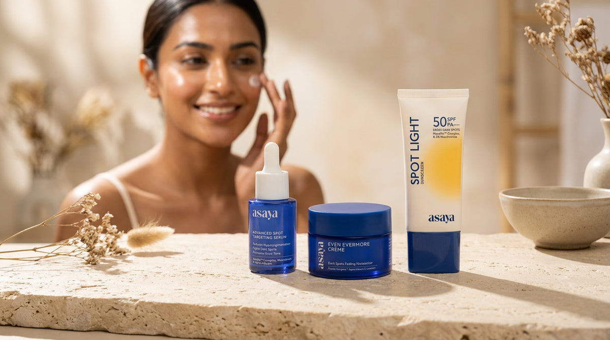 A clean, modern beauty scene featuring a indian woman using a skincare set, neutral tones, soft shadows, premium packaging, natural glow, minimalist luxury aesthetic. 