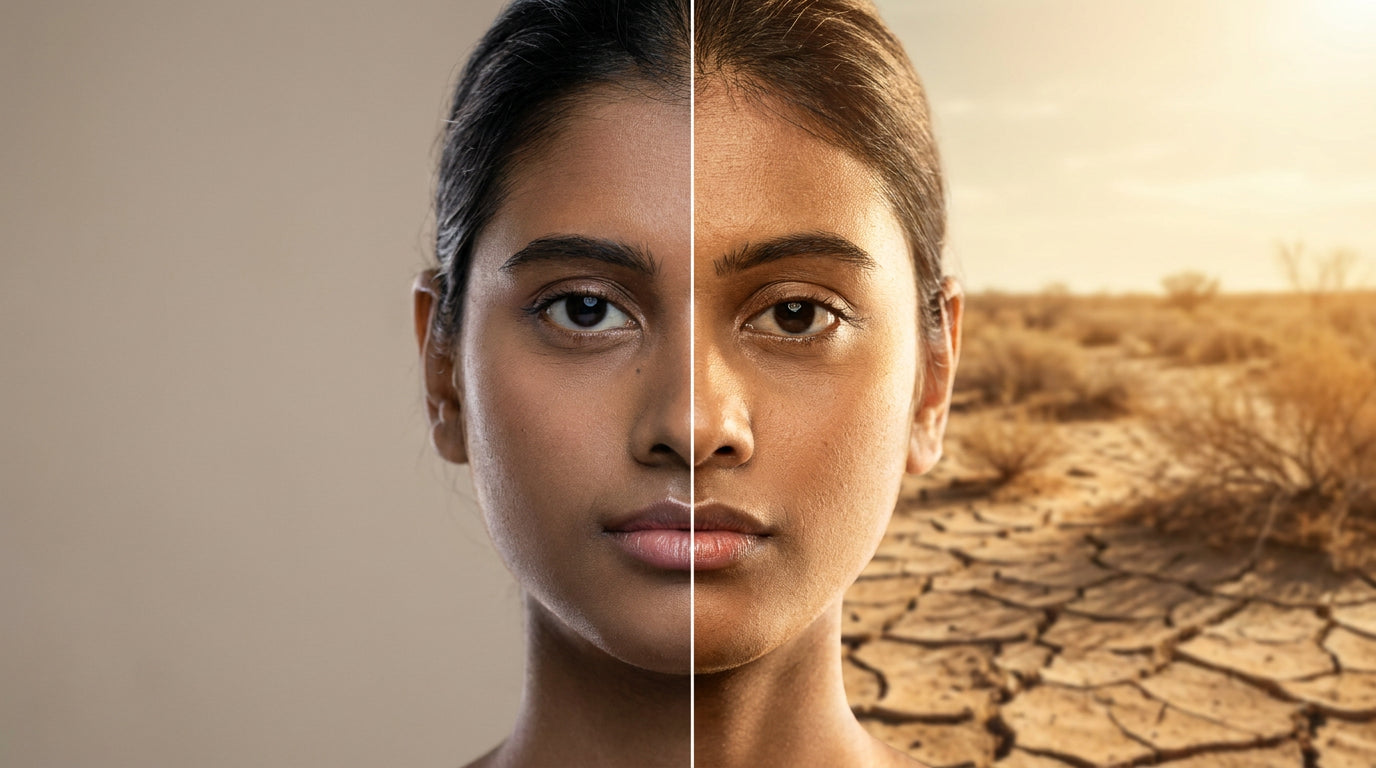 generate a similar image but different Indian women with the same bg on side plain beige bg and one side showing a draught
 
