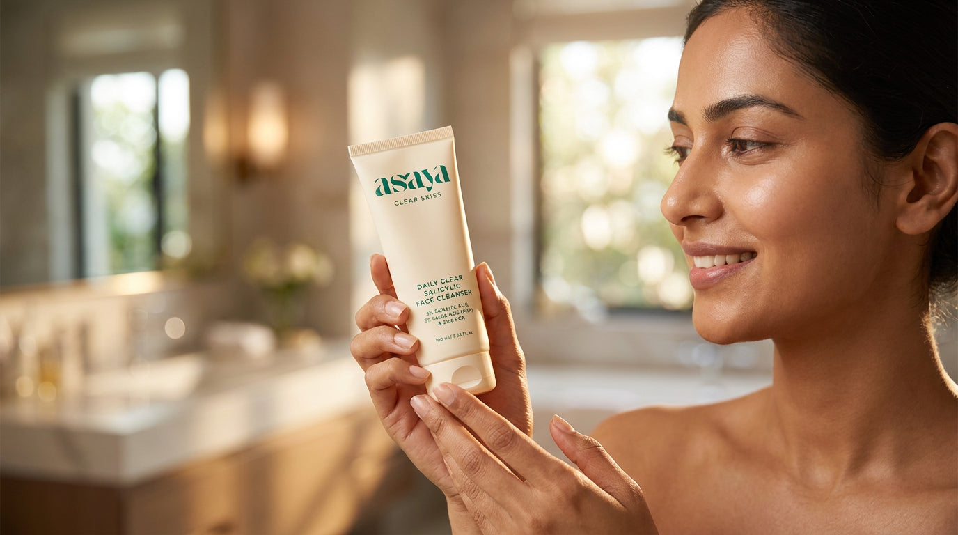 give an image of an Indian women delaing with Daily Clear Salicylic Face Cleanser - Face Wash for Oily Skin 
