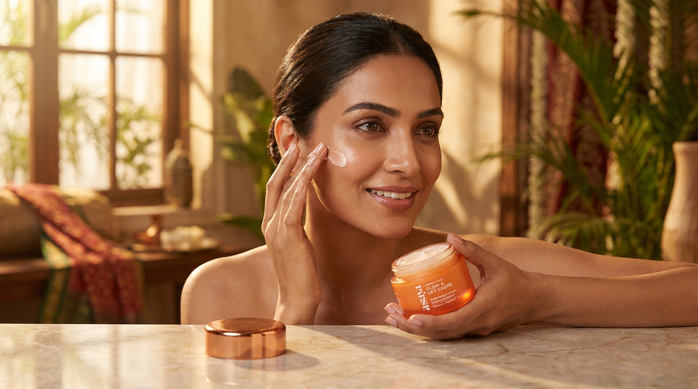 give an image of an Indian women delaing with Glow & Lift Crème - Moisturizer 