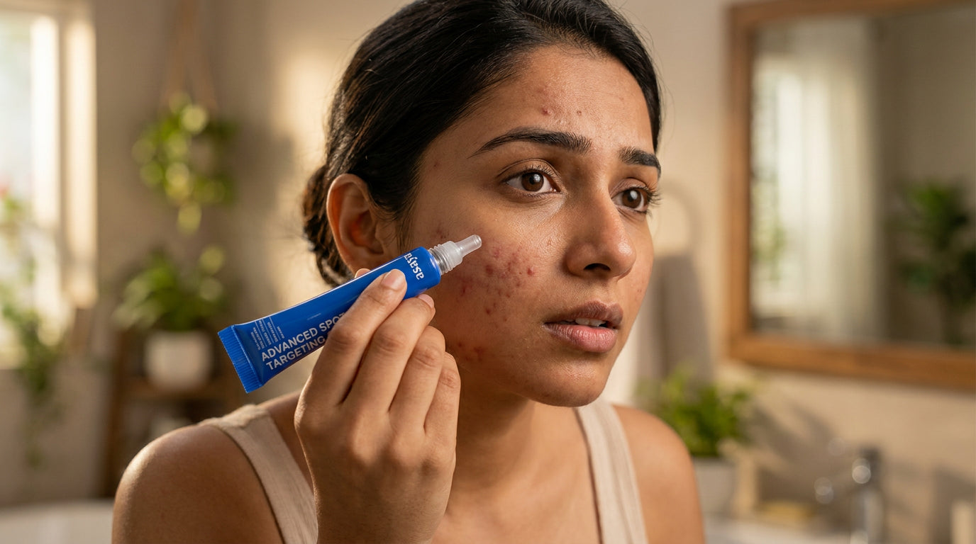  make a banner image for blog that shows an Indian women struggling with acne marks using this on her face 