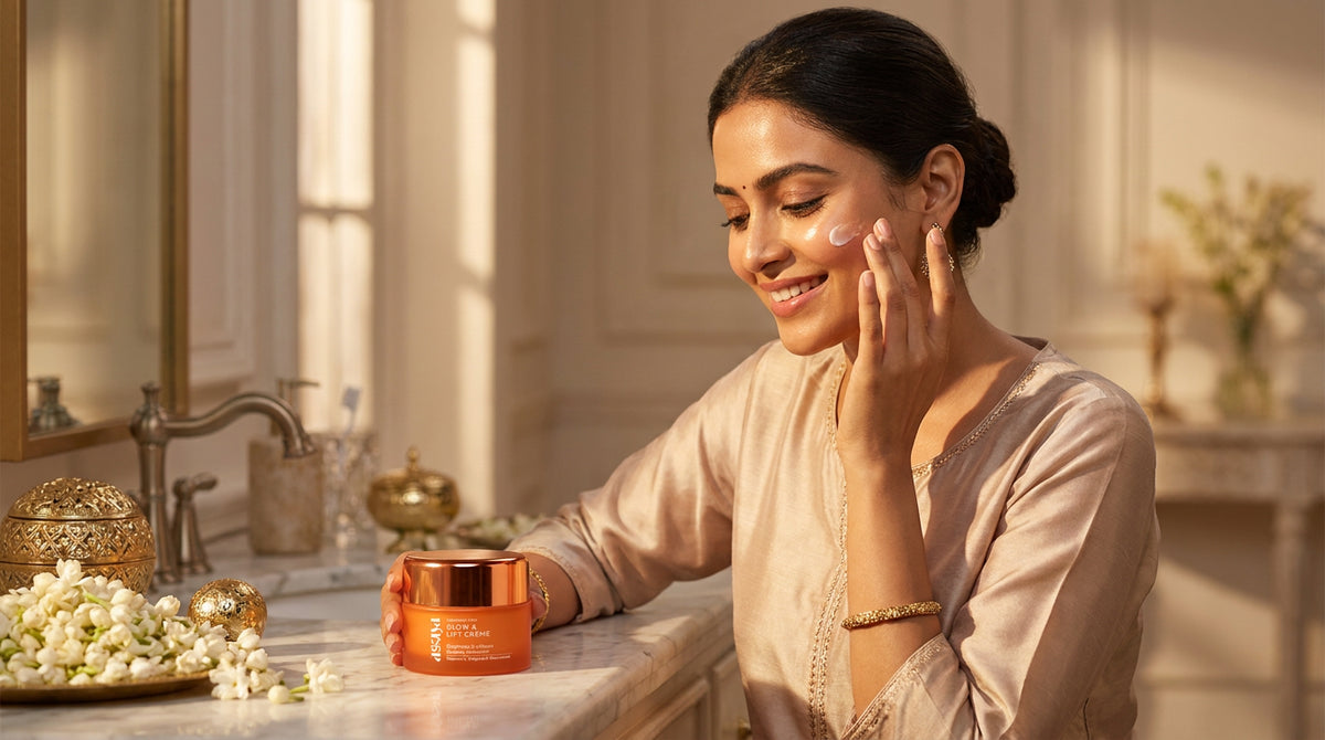 give an image of an Indian women delaing with Glow & Lift Crème - Peptide Moisturizer for Skin Brightening & Collagen Boosting 