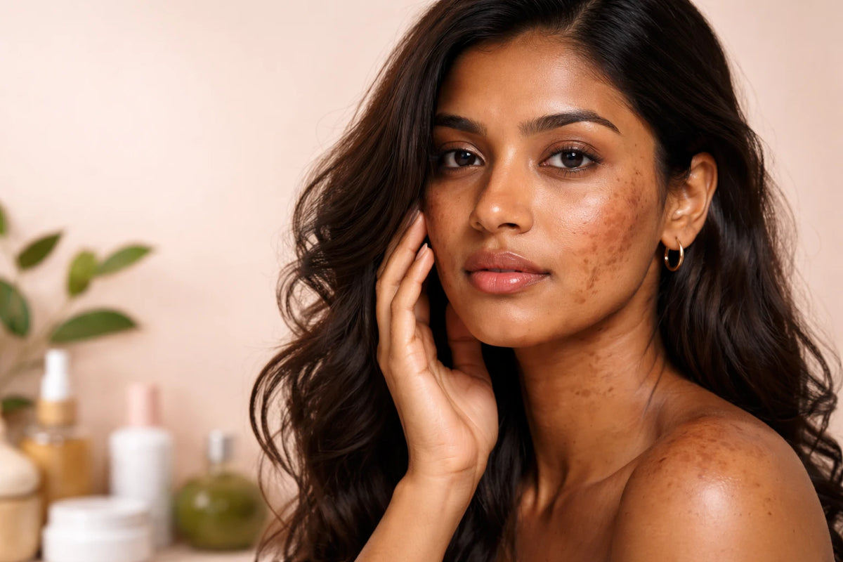 Woman with clear skin pointing to a dark spot on her cheek, with text overlay '9 Best Dark Spots Correctors for Indian Skin' 