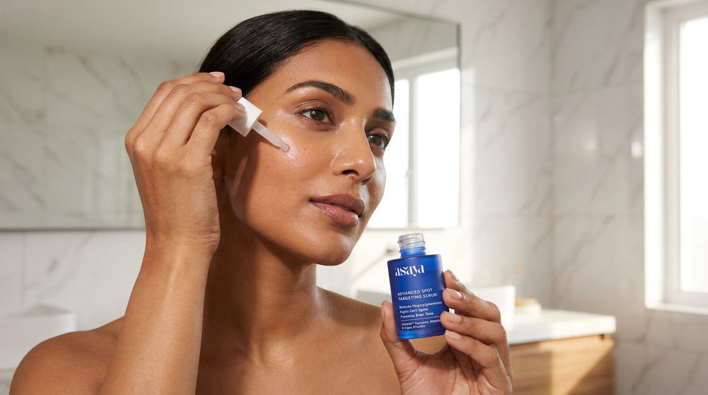 make a indian model holding this product and using on her face with a suttle minimal bathroom background
 
