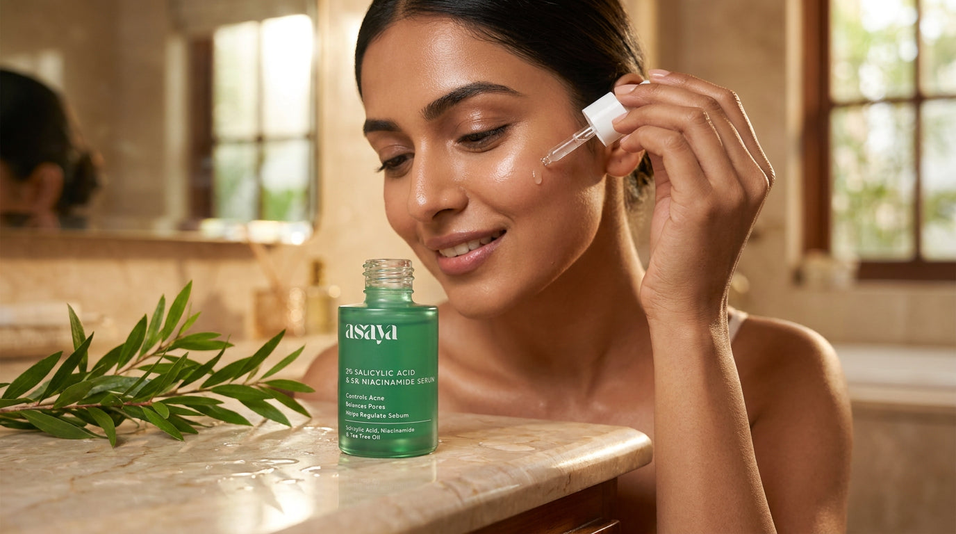 A woman applying a natural DIY face mask with ingredients like turmeric and willow bark for Indian skin. 