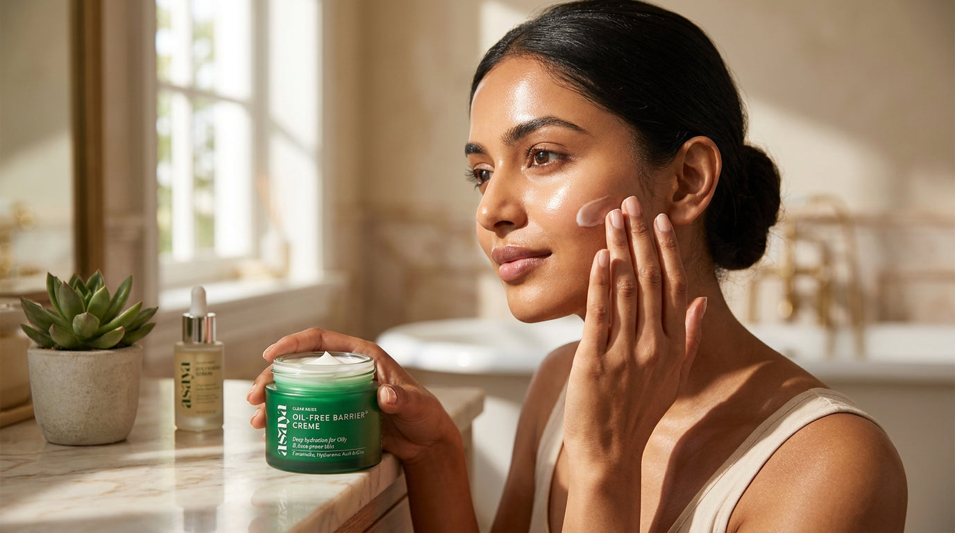 give an image of an Indian women delaing with Oil-Free Barrier+ Crème - Barrier Repair & Hydrating Moisturizer for Oily & Acne Prone Skin 
