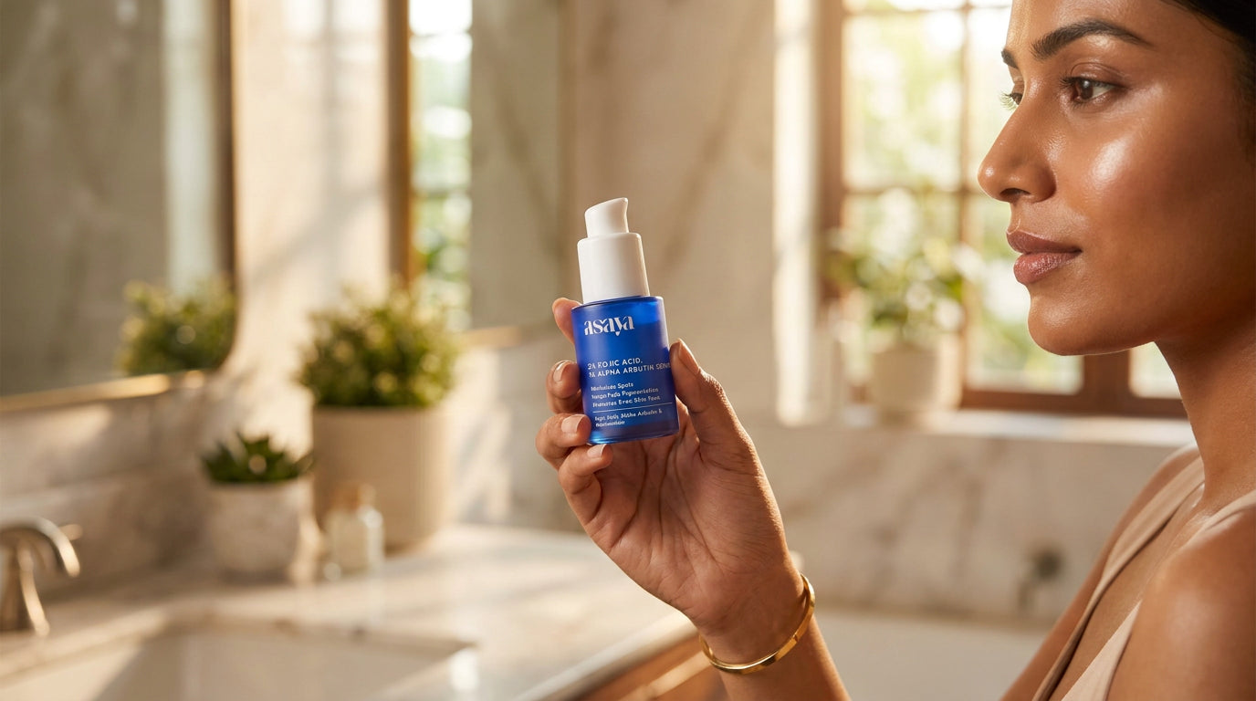 give an image of an Indian women delaing with Kojic Acid & Alpha Arbutin Serum 