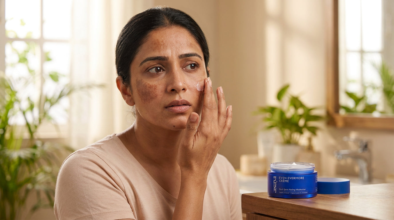 make a banner image for blog that shows an Indian women struggling with hyperpigmentation using this on her face 