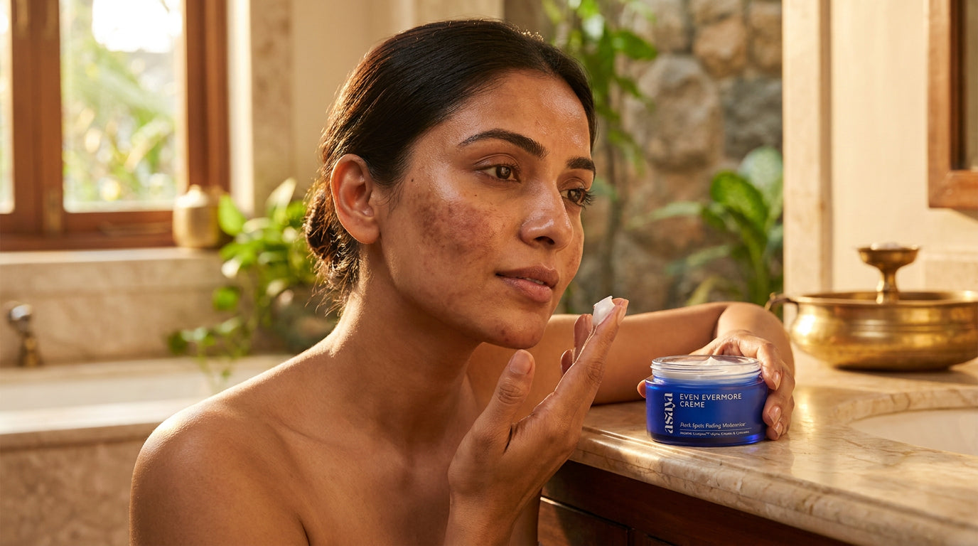 Generate a image of an Indian women dealing with hyperpigmentation on face applying this cream 