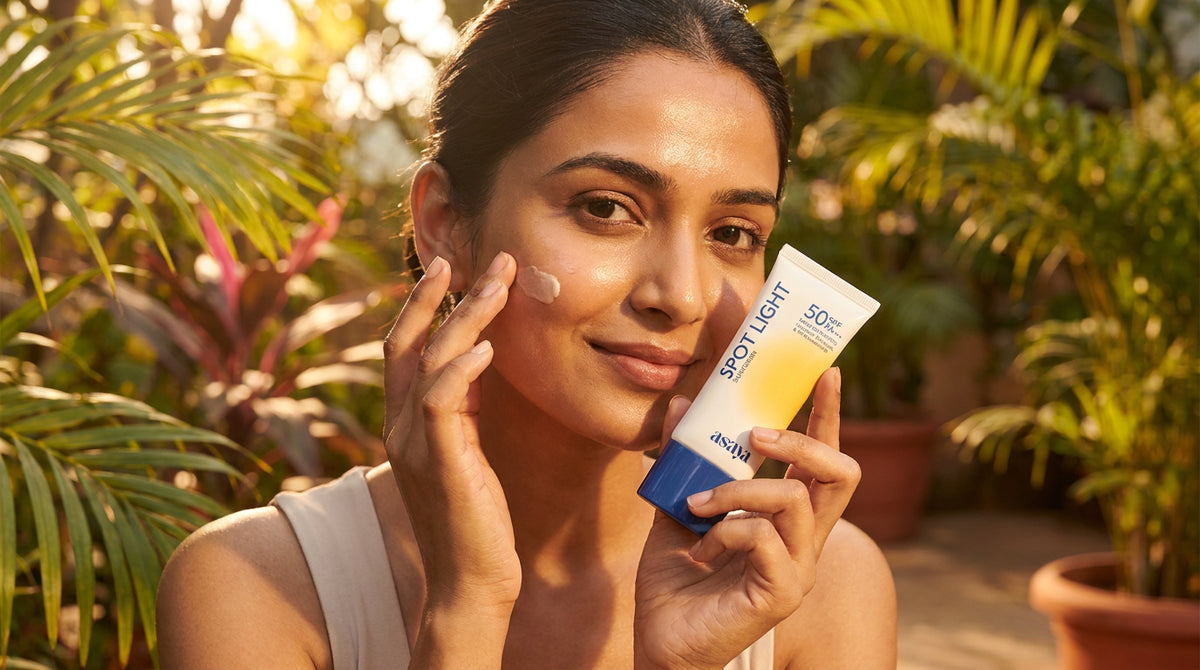 give an image of an Indian women delaing with Spot Light Sunscreen SPF 50 PA++++ for Dark Spots & Hyperpigmentation 