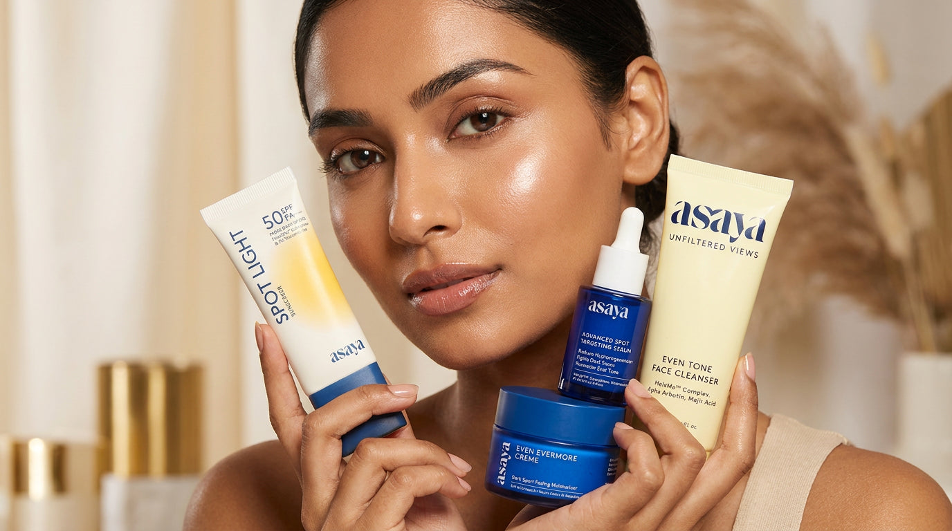 A close-up beauty portrait of a indian woman holding a skincare serum and moisturizer, glowing healthy skin, soft focus, luxury skincare campaign, high-end editorial photography. 