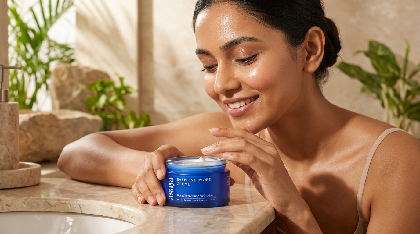 give an image of an Indian women delaing with Even Evermore Crème - Moisturizer for Dark Spots & Blemishes 