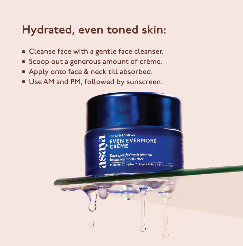 Apply Asaya&#39;s depigmentation moisturiser twice daily after washing face for hydrated, glowing, clear skin